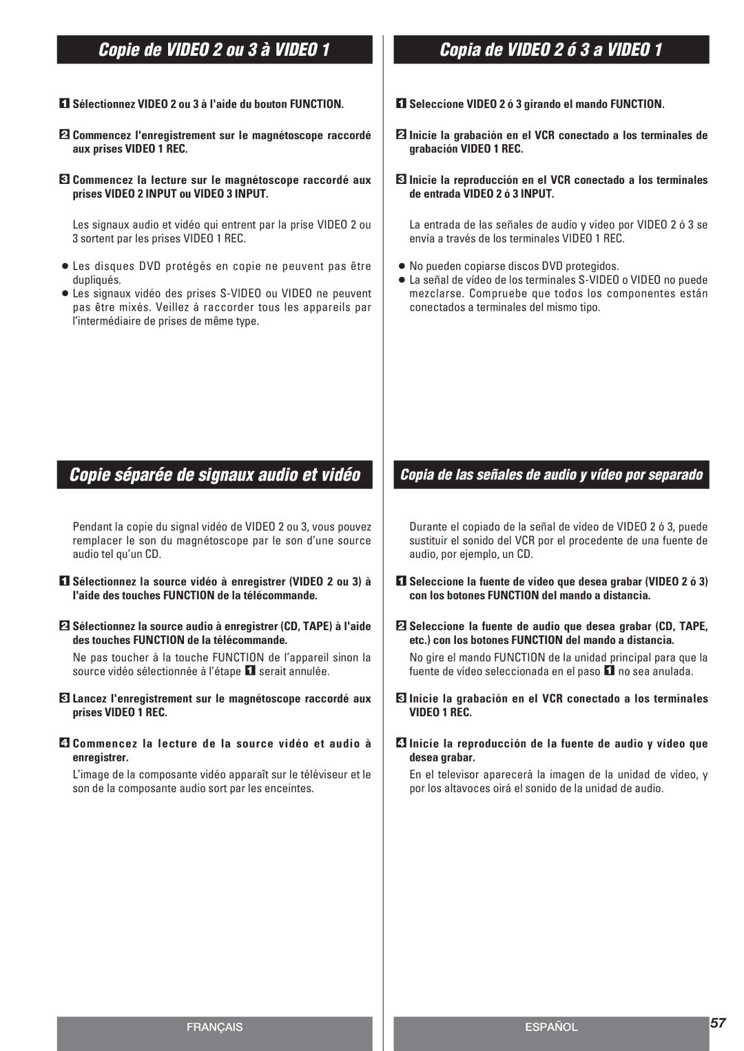 Teac AG-10DAV owner manual Copie de Video 2 ou 3 à Video, Copia de Video 2 ó 3 a Video 