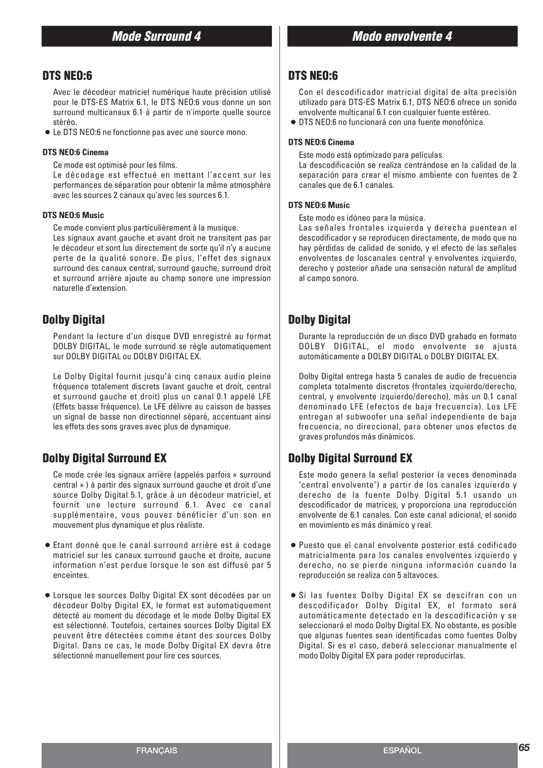 Teac AG-10DAV owner manual Ce mode est optimisé pour les films, Ce mode convient plus particulièrement à la musique 