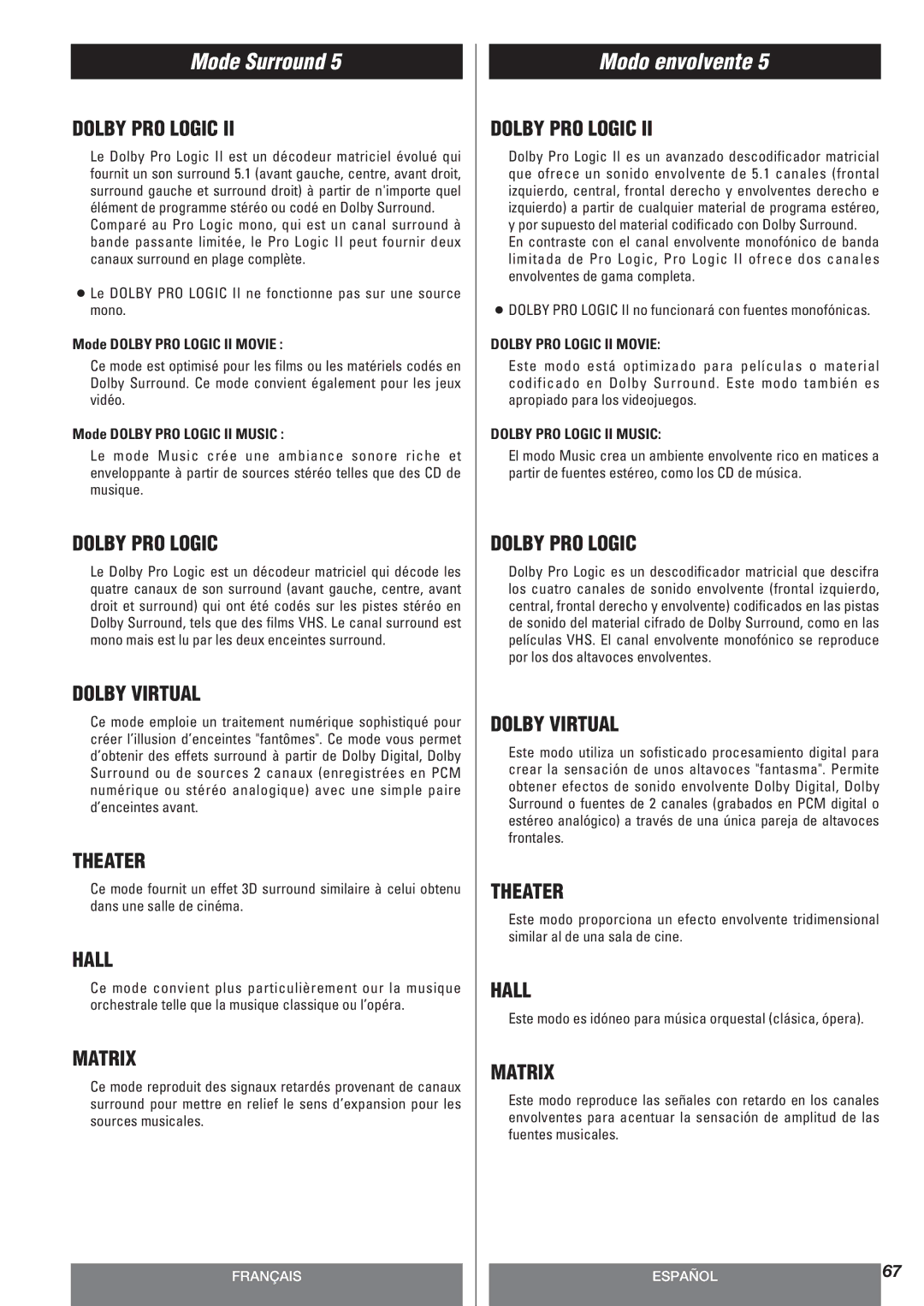 Teac AG-10DAV owner manual Mode Dolby PRO Logic II Movie, Mode Dolby PRO Logic II Music 