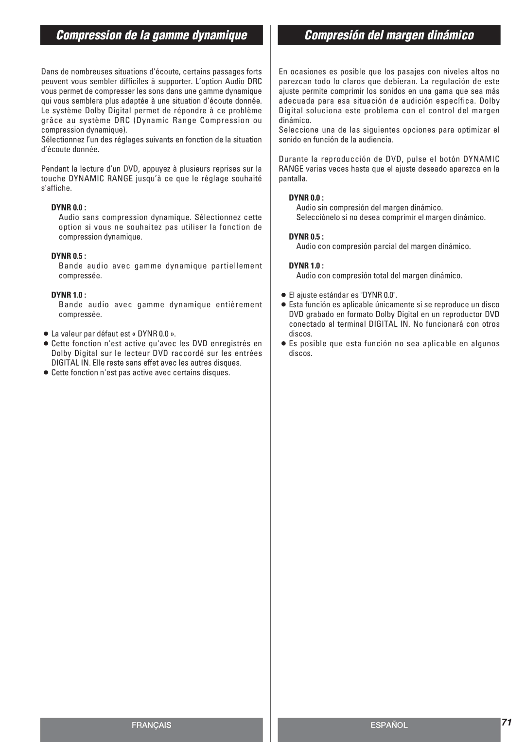 Teac AG-10DAV owner manual Compresión del margen dinámico, Bande audio avec gamme dynamique partiellement compressée 