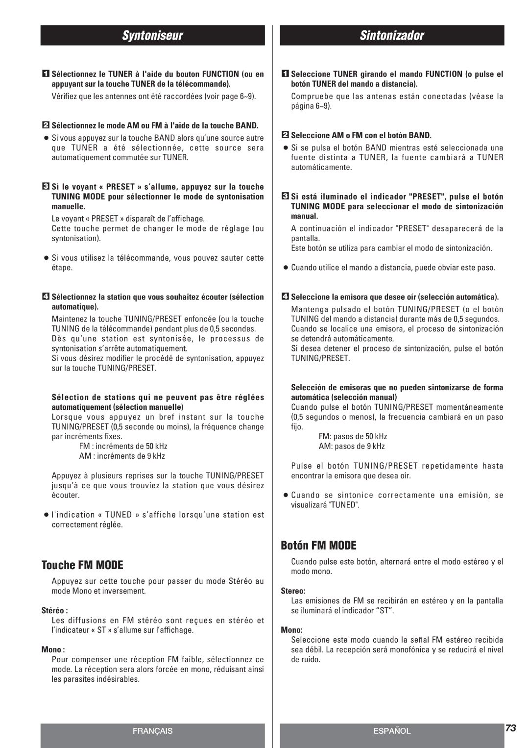 Teac AG-10DAV owner manual Syntoniseur, Sintonizador, Touche FM Mode, Botón FM Mode 