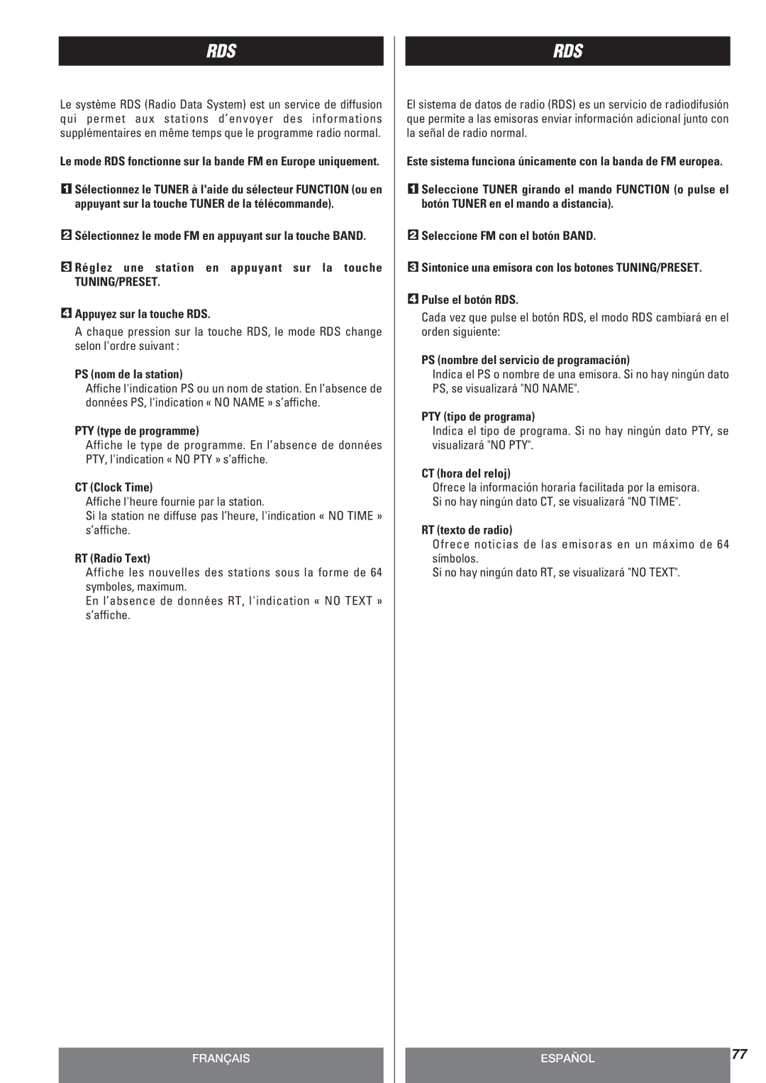 Teac AG-10DAV owner manual Réglez une station en appuyant sur la touche, Appuyez sur la touche RDS, PS nom de la station 