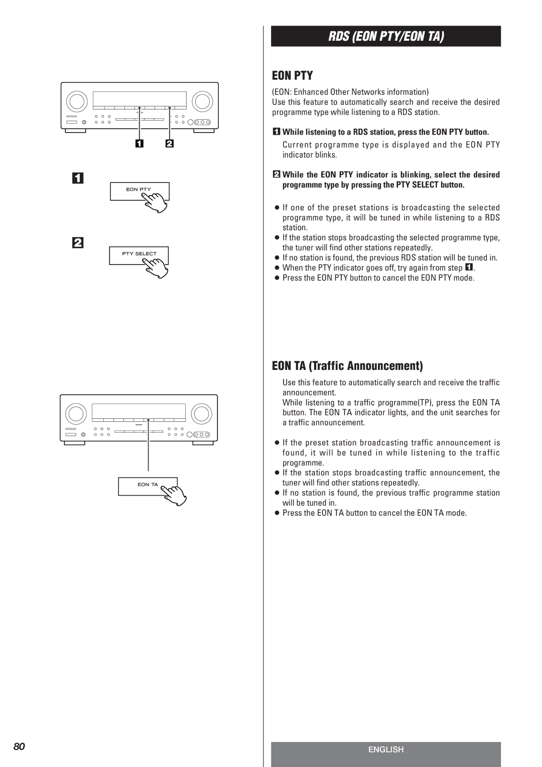 Teac AG-10DAV owner manual EON TA Traffic Announcement, While listening to a RDS station, press the EON PTY button 