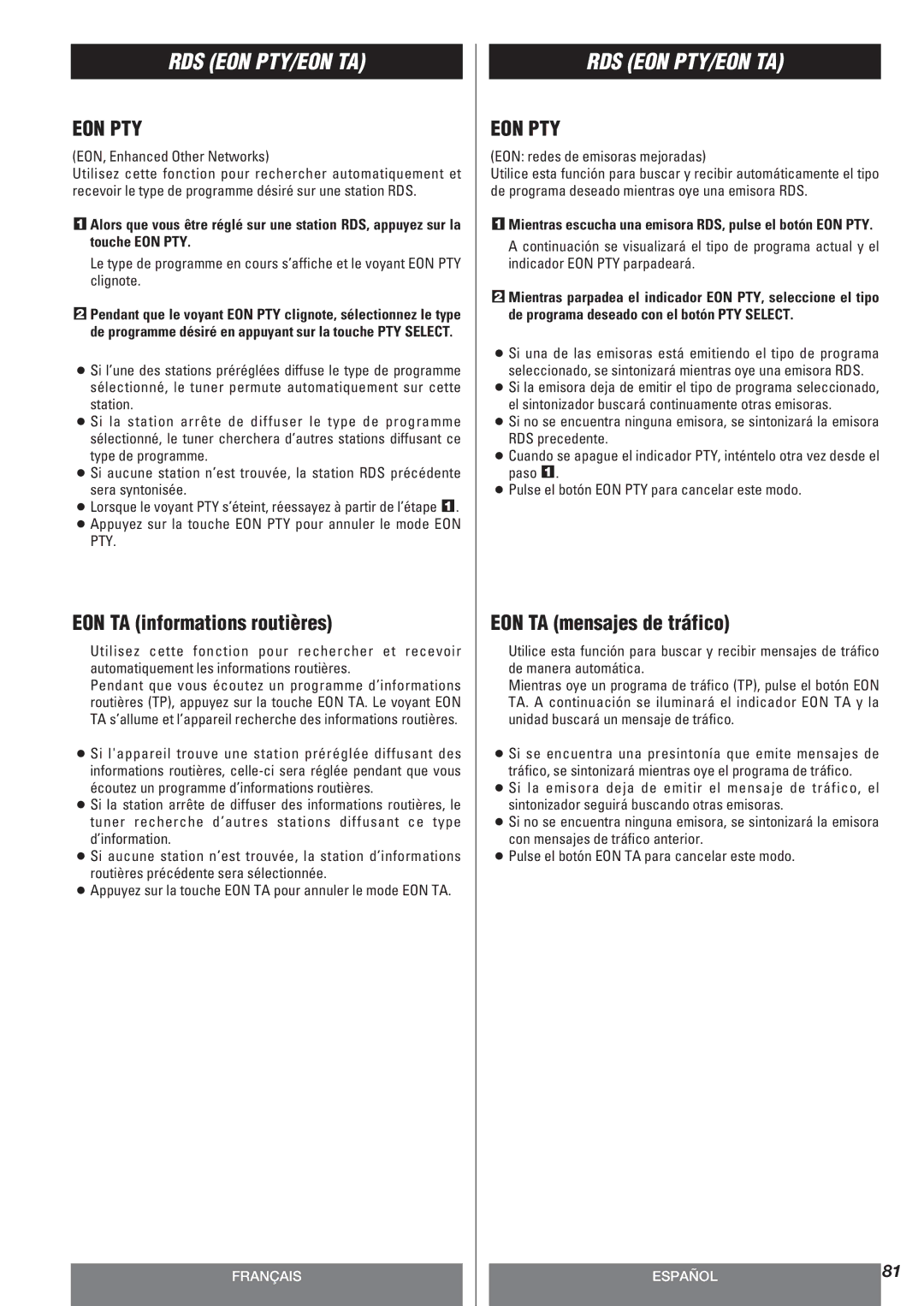 Teac AG-10DAV owner manual EON TA informations routières, EON TA mensajes de tráfico, EON, Enhanced Other Networks 