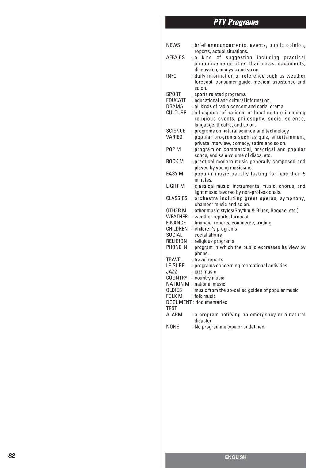 Teac AG-10DAV owner manual PTY Programs 