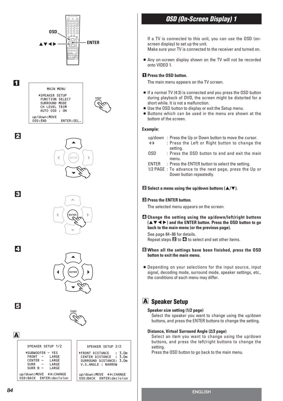 Teac AG-10DAV owner manual OSD On-Screen Display, Speaker Setup, Press the OSD button, Speaker size setting 1/2 