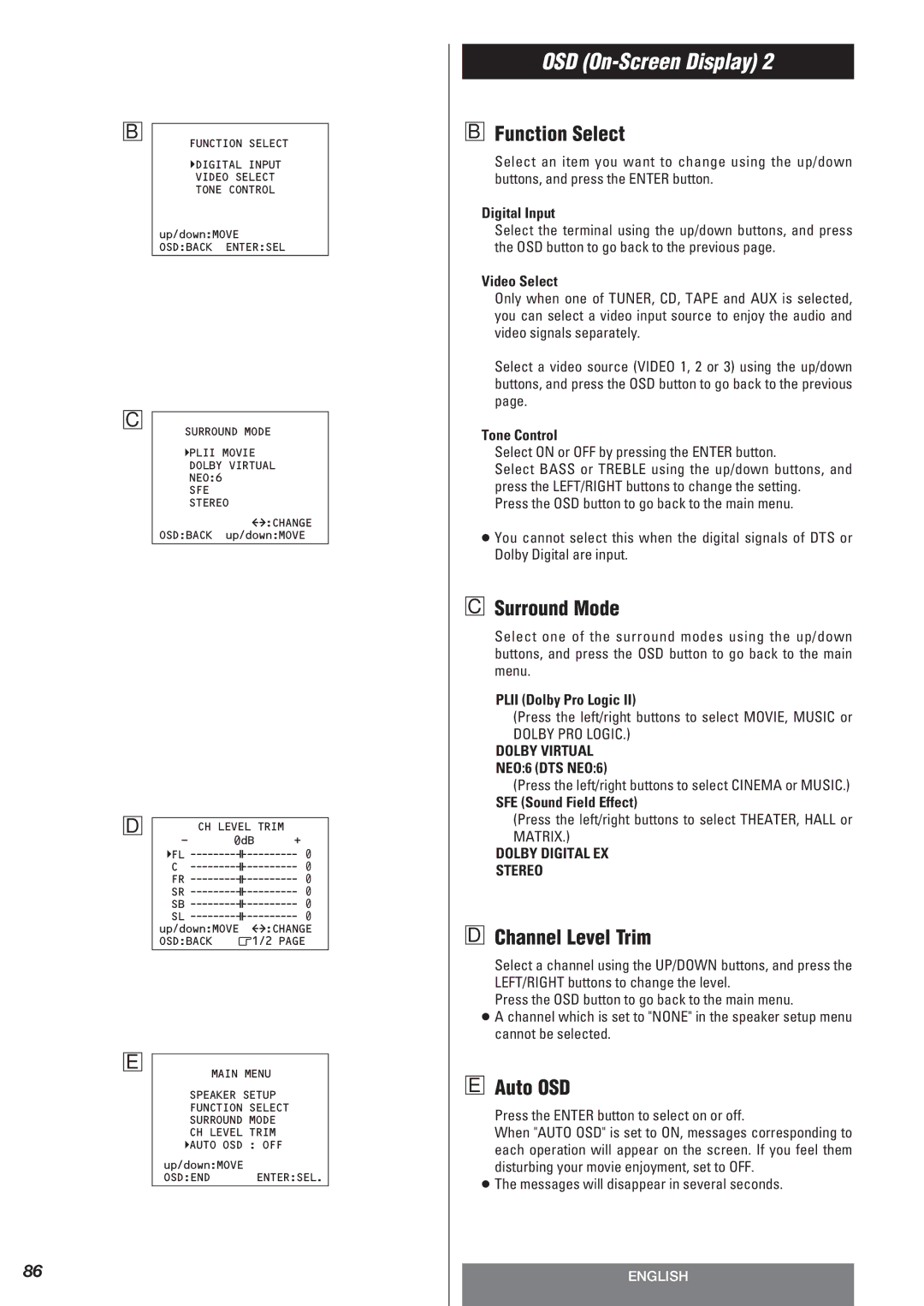 Teac AG-10DAV owner manual Function Select, Surround Mode, Channel Level Trim, Auto OSD 