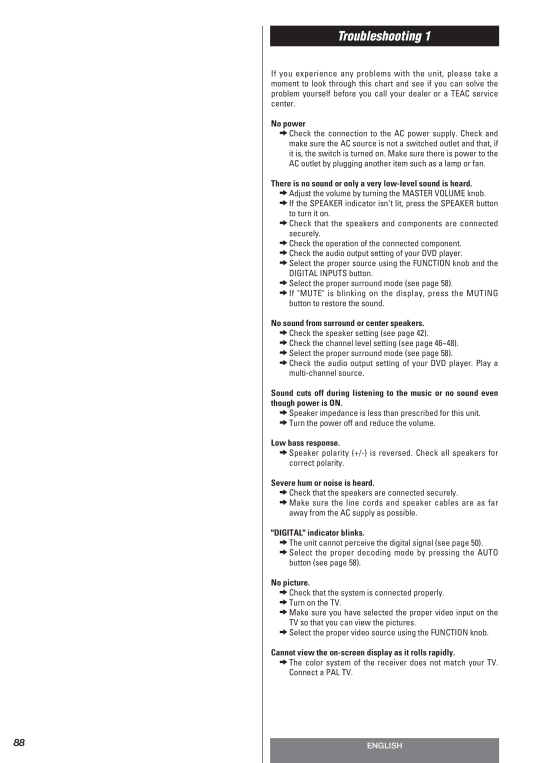 Teac AG-10DAV owner manual Troubleshooting 