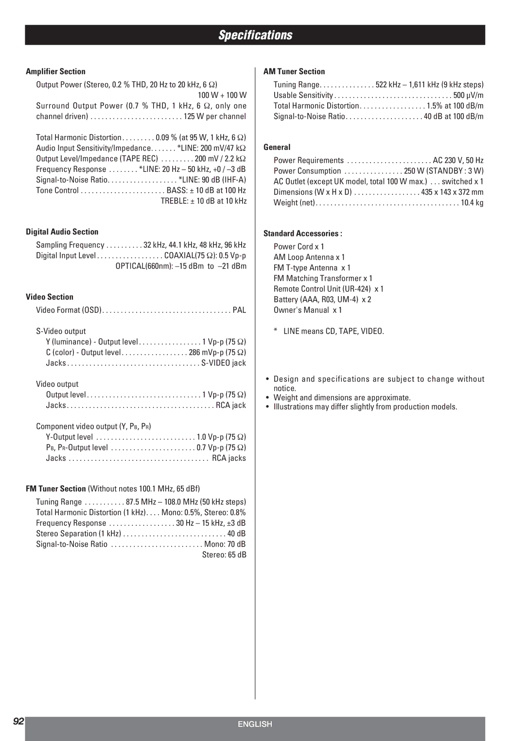 Teac AG-10DAV owner manual Specifications 