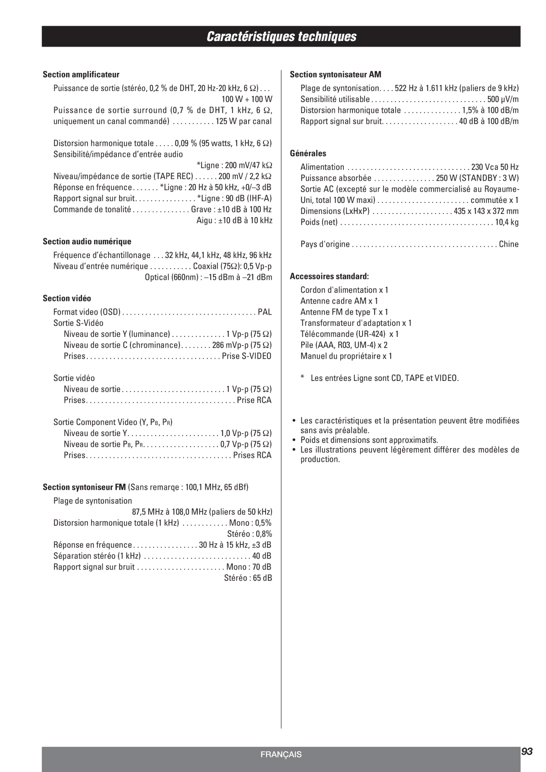 Teac AG-10DAV owner manual Caractéristiques techniques 