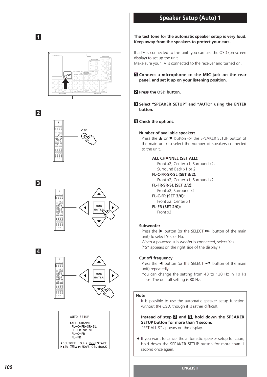 Teac AG-15D owner manual Speaker Setup Auto 