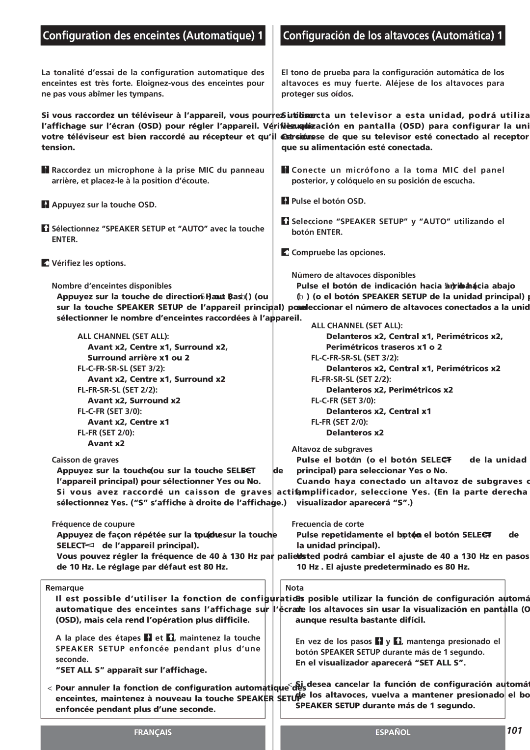 Teac AG-15D owner manual Vérifiez les options Nombre d’enceintes disponibles, Caisson de graves, Fréquence de coupure 