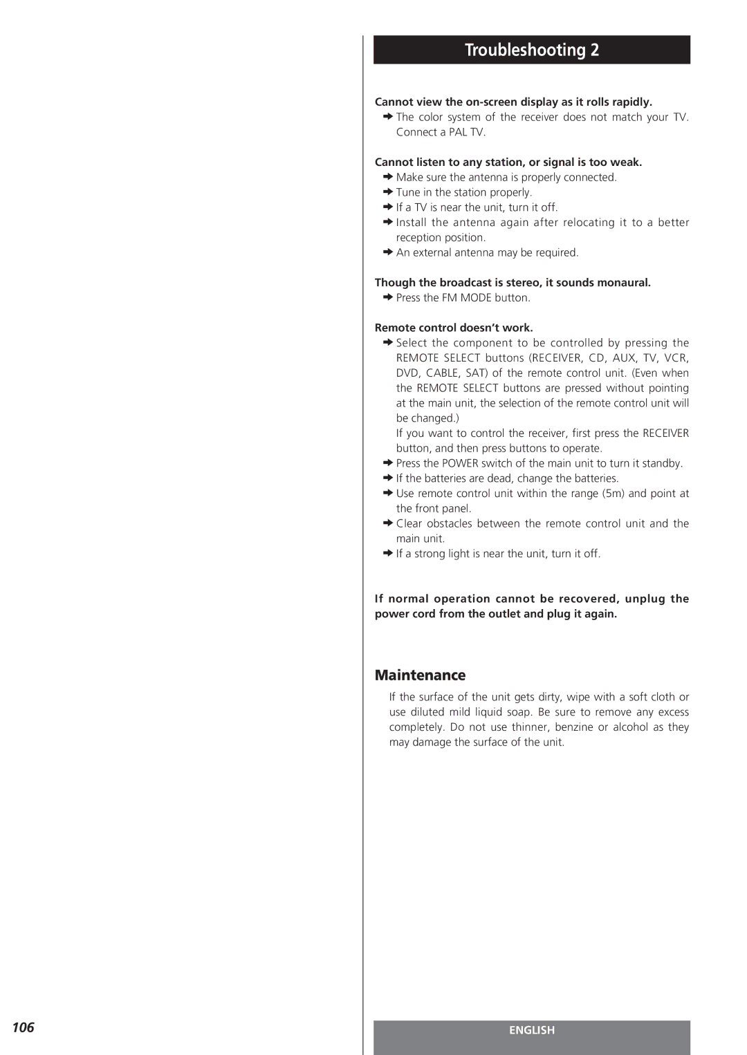 Teac AG-15D owner manual Maintenance, Cannot view the on-screen display as it rolls rapidly, EPress the FM Mode button 