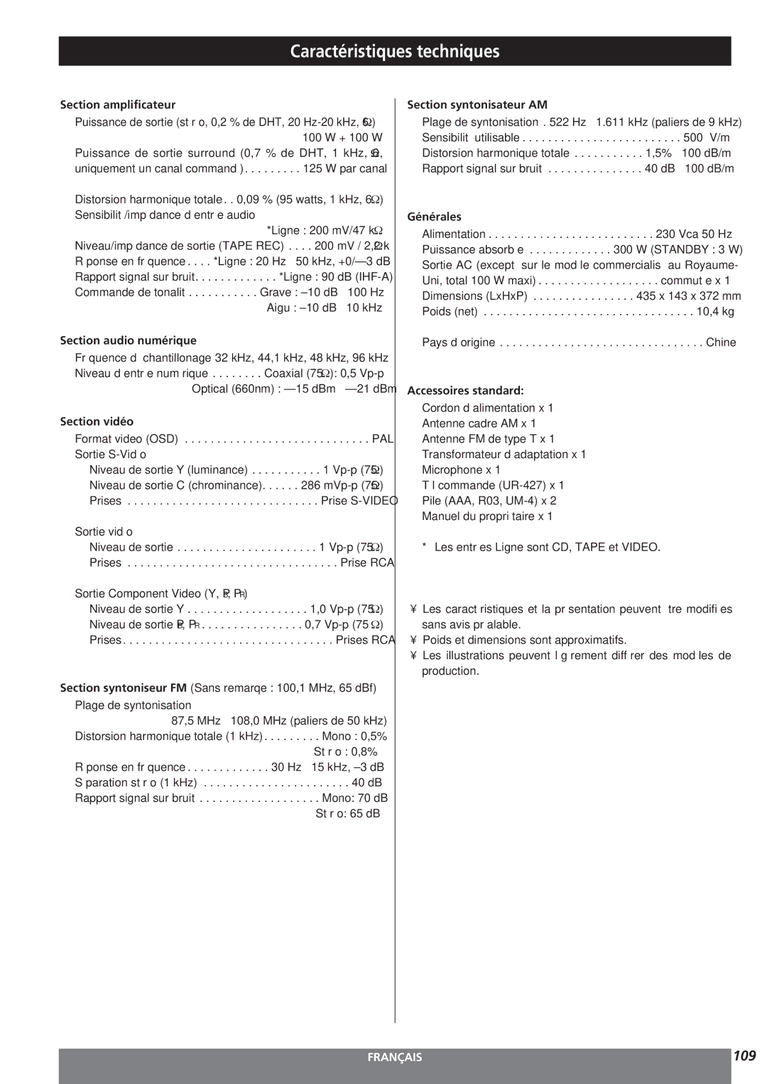 Teac AG-15D owner manual Caractéristiques techniques 