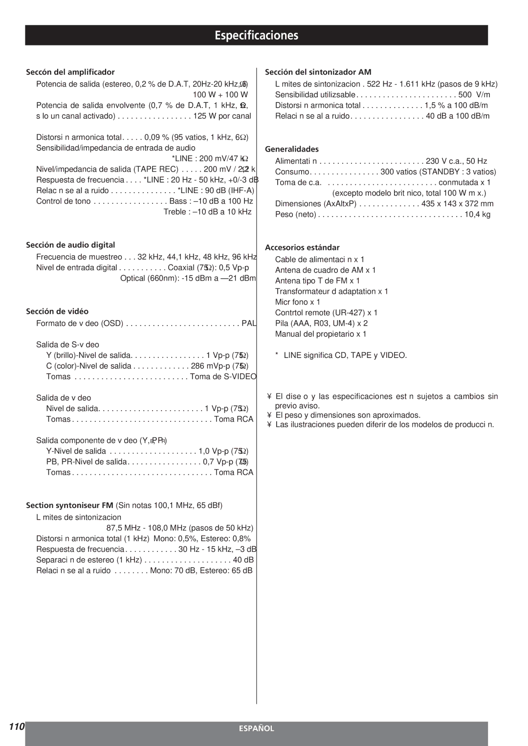 Teac AG-15D owner manual Especificaciones 