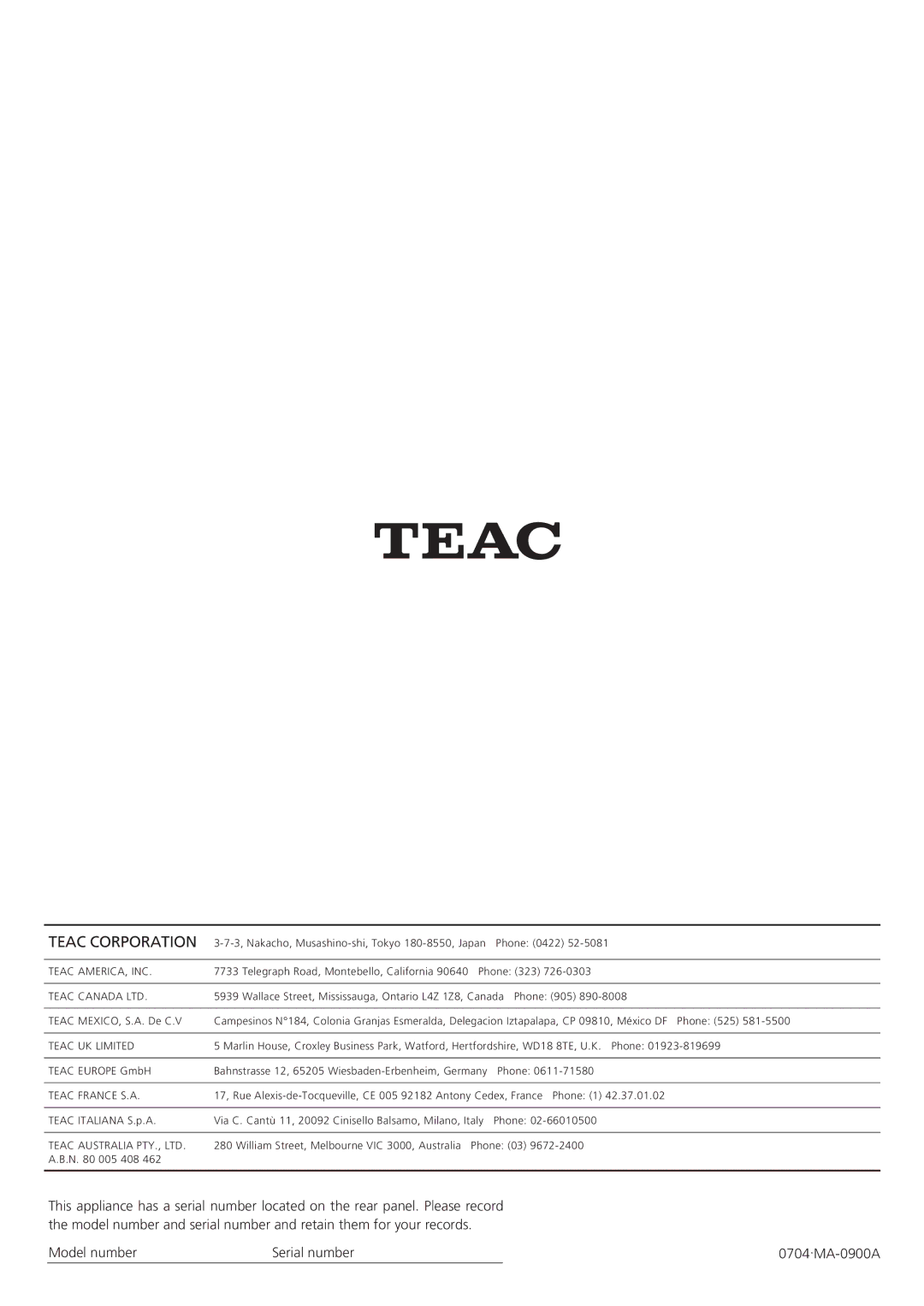 Teac AG-15D owner manual Teac Corporation, Model number Serial number 0704.MA-0900A 