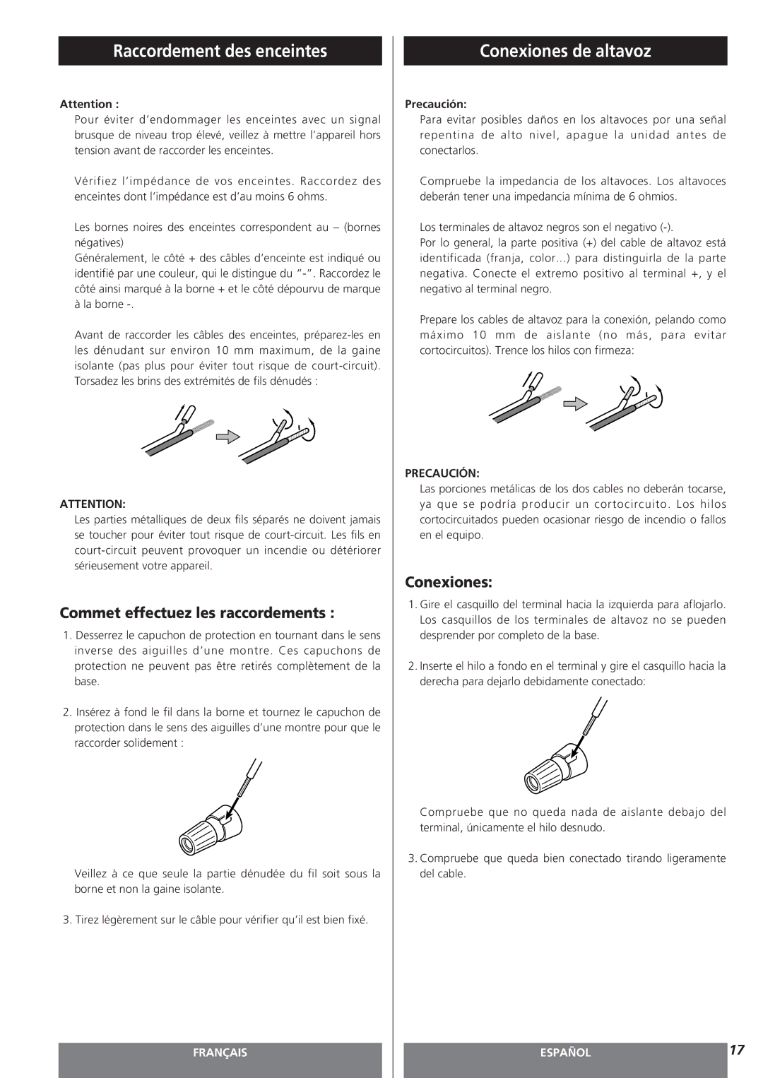 Teac AG-15D owner manual Raccordement des enceintes, Conexiones de altavoz, Commet effectuez les raccordements 