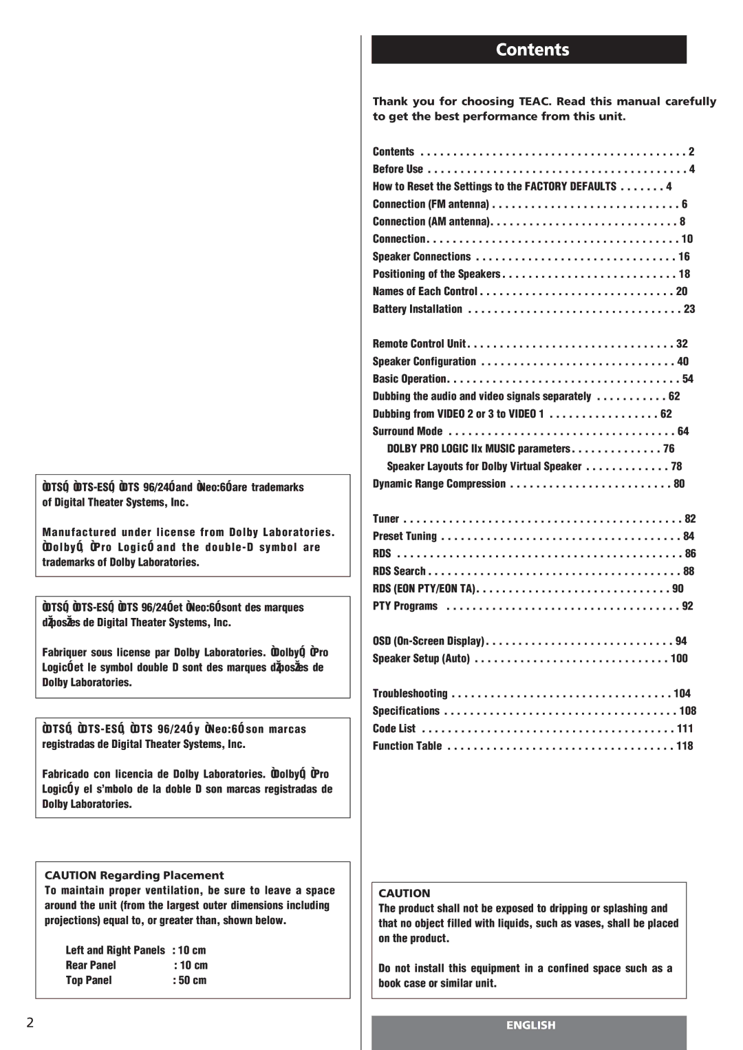 Teac AG-15D owner manual Contents 