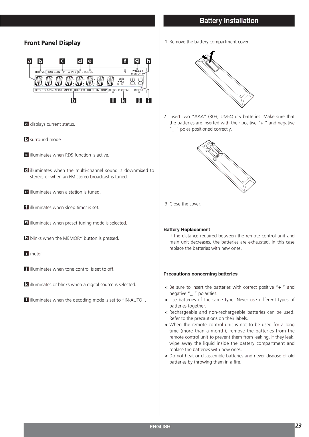 Teac AG-15D owner manual Battery Installation, Front Panel Display, Battery Replacement, Precautions concerning batteries 