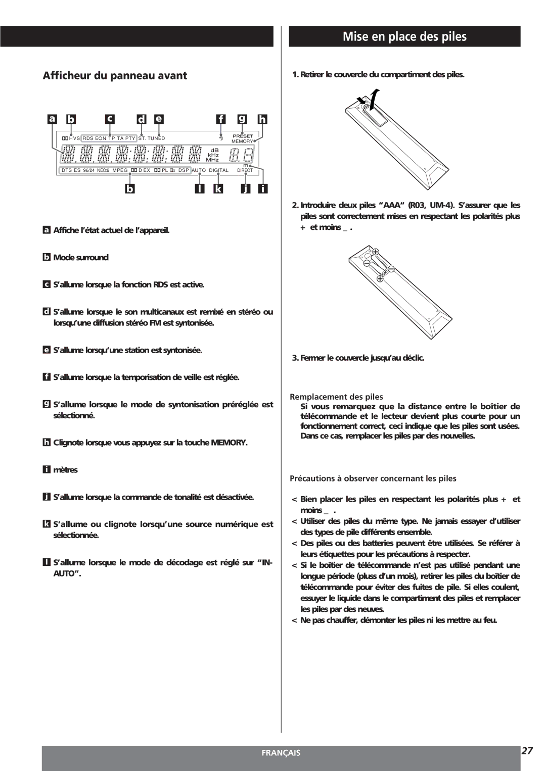 Teac AG-15D owner manual Mise en place des piles, Afficheur du panneau avant, Remplacement des piles 