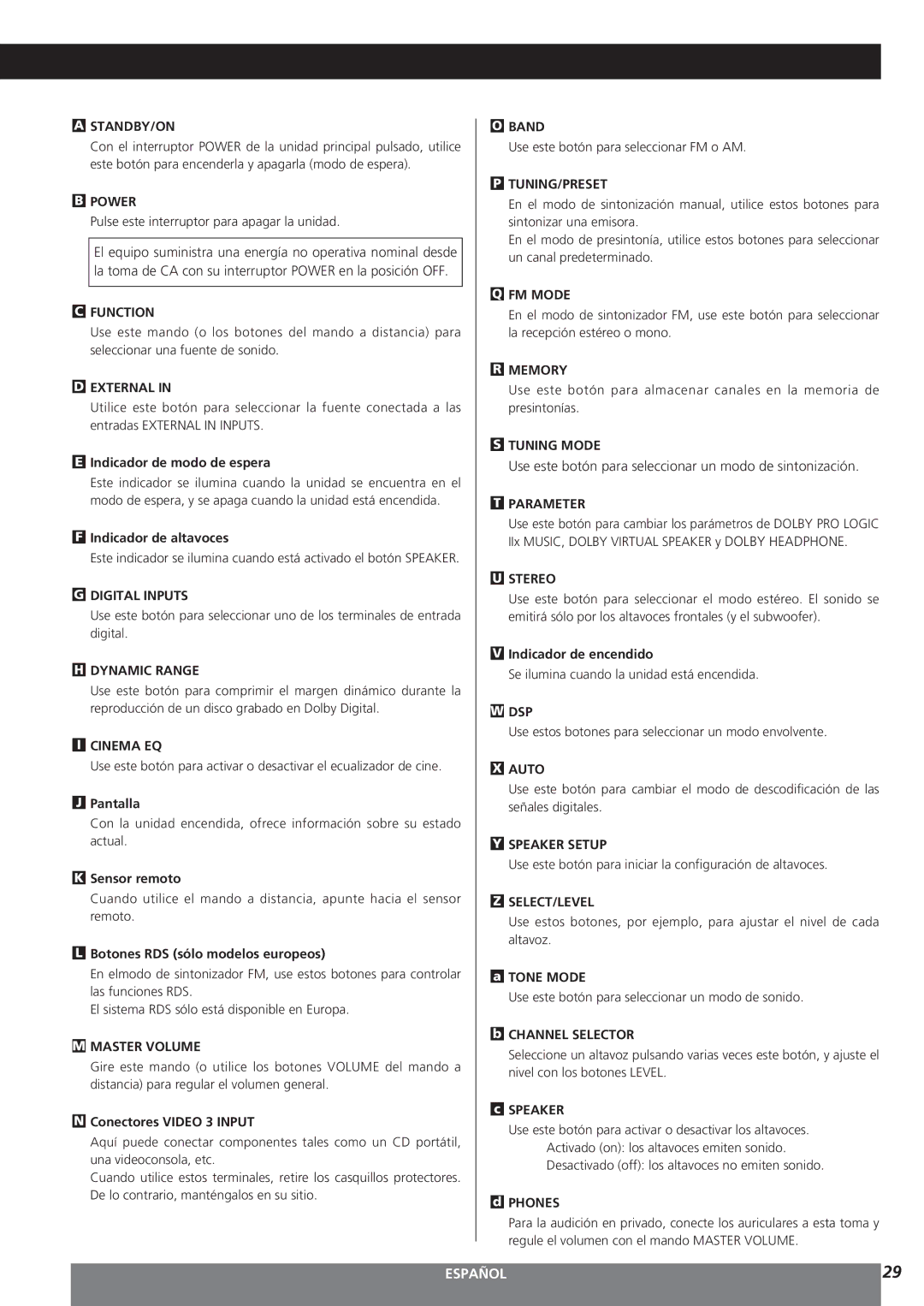 Teac AG-15D owner manual Use este botón para seleccionar un modo de sintonización, Indicador de modo de espera 