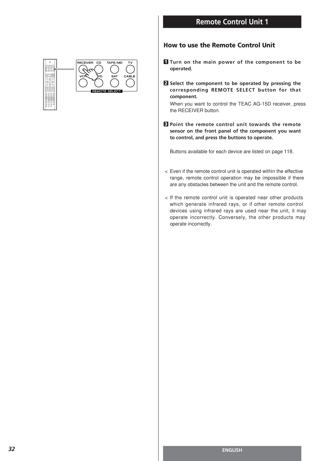 Teac AG-15D owner manual How to use the Remote Control Unit, Buttons available for each device are listed on 