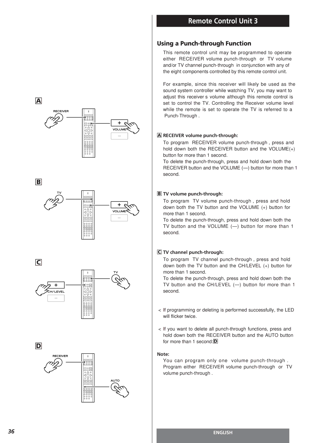 Teac AG-15D owner manual Using a Punch-through Function, Receiver volume punch-through, TV volume punch-through 