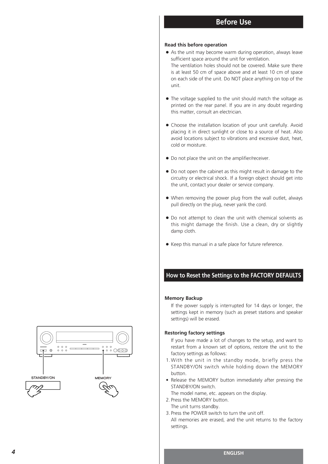 Teac AG-15D owner manual Before Use, Read this before operation, Memory Backup, Restoring factory settings 