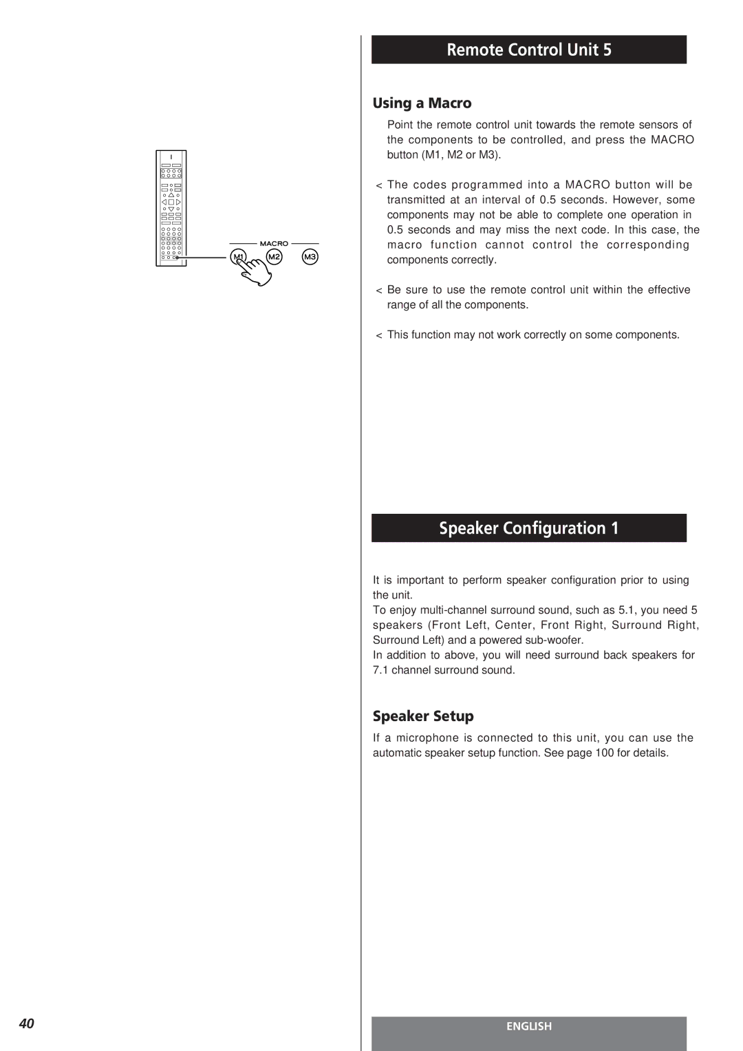 Teac AG-15D owner manual Speaker Configuration, Using a Macro, Speaker Setup 