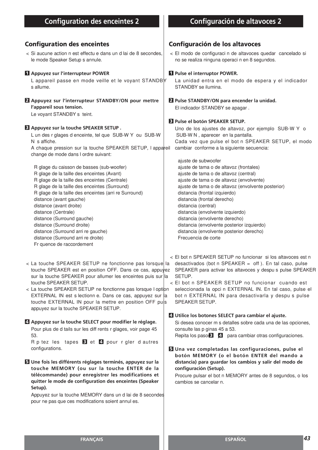 Teac AG-15D owner manual Configuration des enceintes, Configuración de los altavoces 