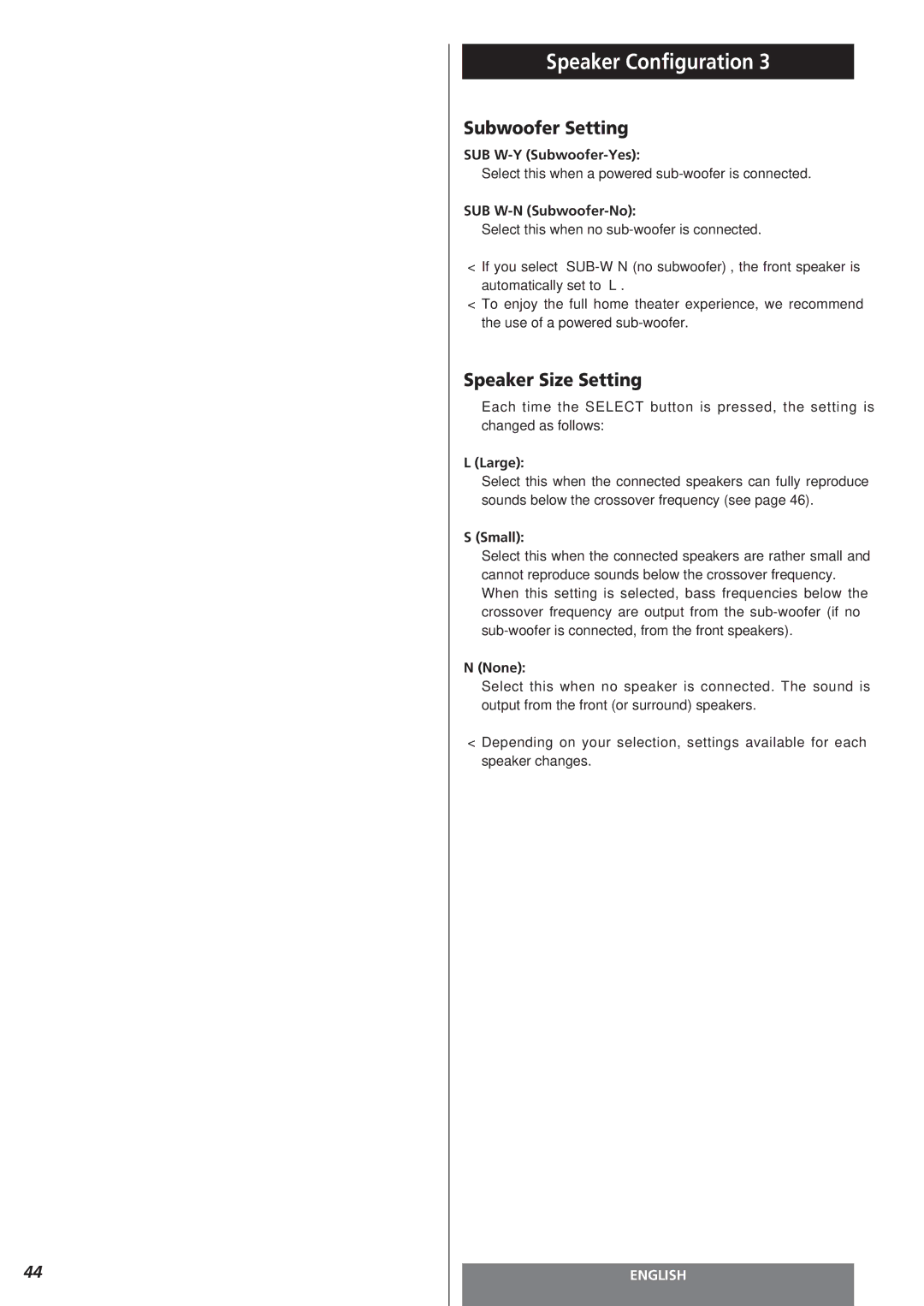 Teac AG-15D owner manual Subwoofer Setting, Speaker Size Setting 