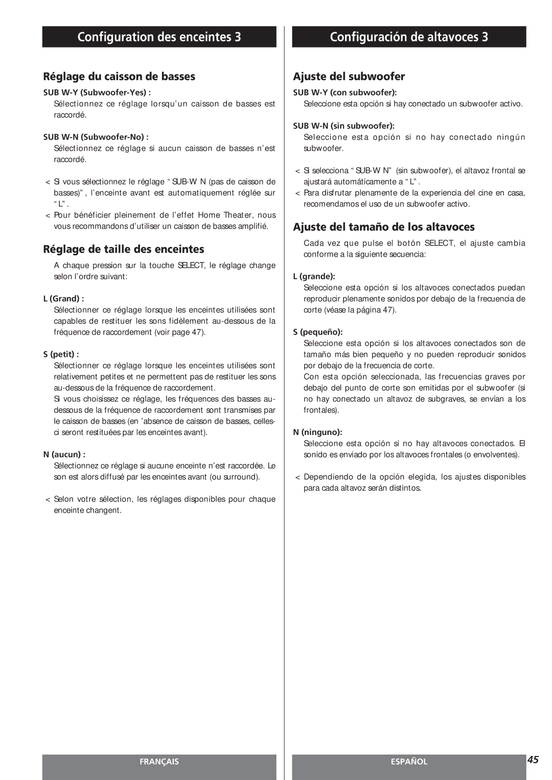 Teac AG-15D owner manual Réglage du caisson de basses, Réglage de taille des enceintes, Ajuste del subwoofer 