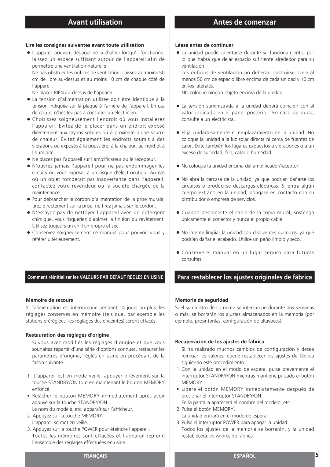 Teac AG-15D owner manual Avant utilisation, Antes de comenzar 