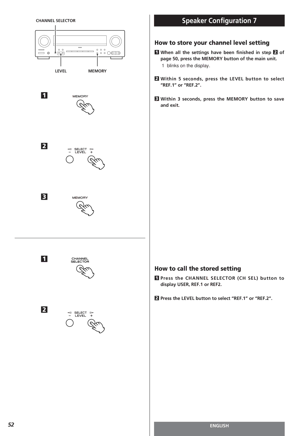 Teac AG-15D owner manual How to store your channel level setting, How to call the stored setting 