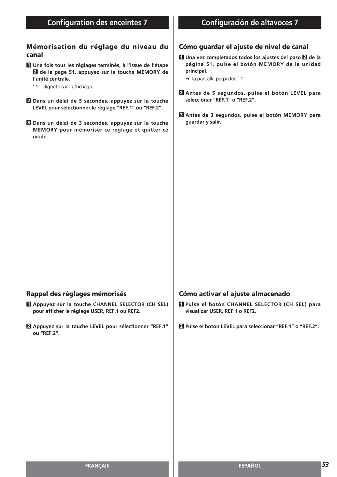 Teac AG-15D Mémorisation du réglage du niveau du canal, Rappel des réglages mémorisés, Cómo activar el ajuste almacenado 