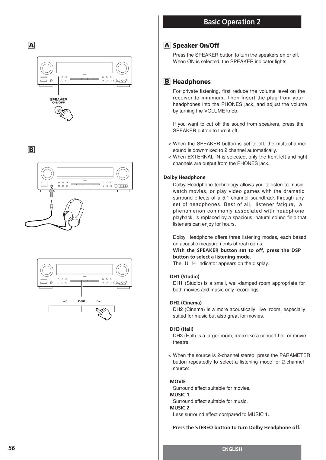 Teac AG-15D owner manual Speaker On/Off, Headphones 