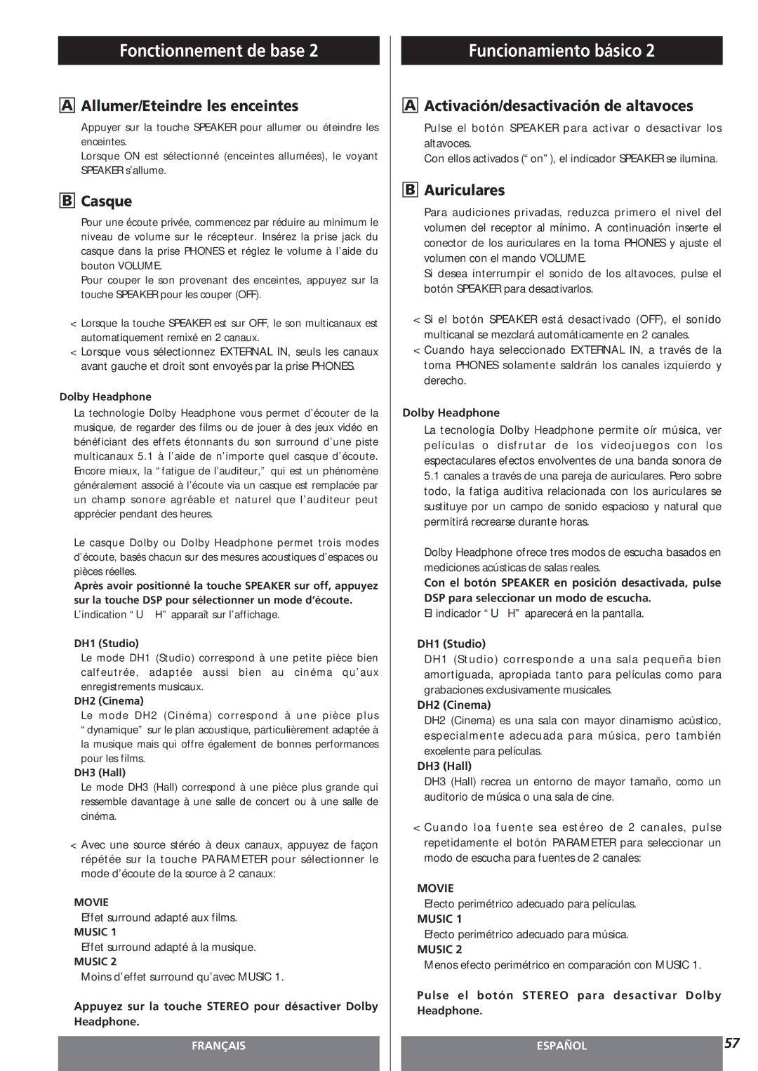 Teac AG-15D owner manual Allumer/Eteindre les enceintes, Casque, Activación/desactivación de altavoces, Auriculares 