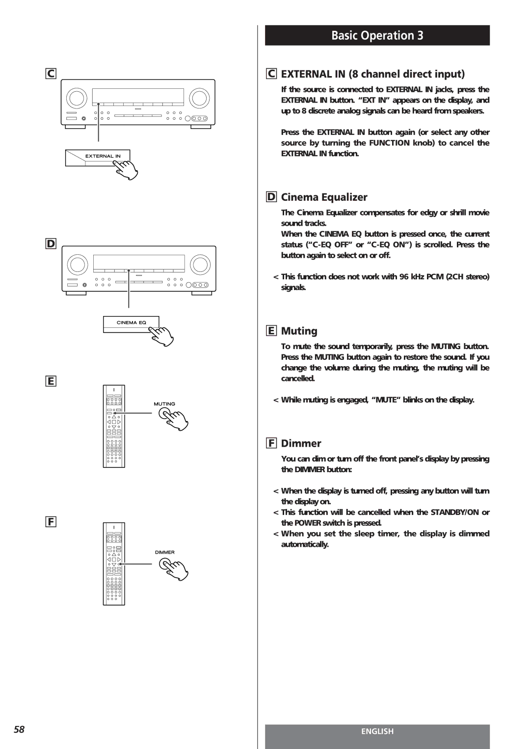 Teac AG-15D owner manual External in 8 channel direct input, Cinema Equalizer, Muting, Dimmer 