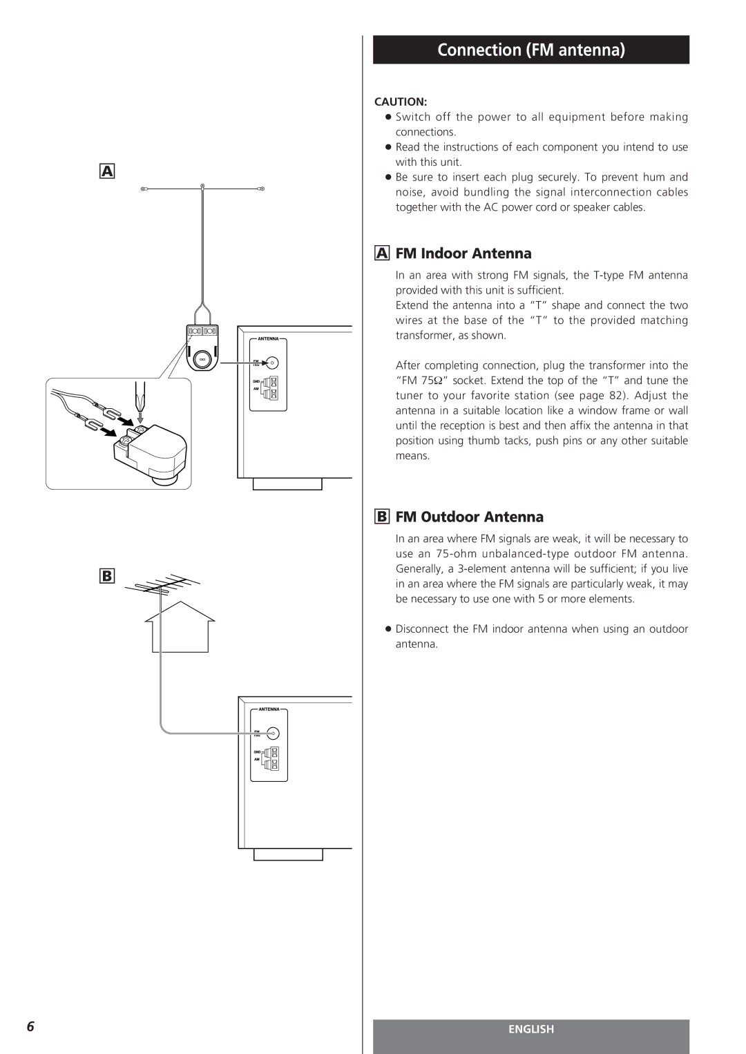 Teac AG-15D owner manual Connection FM antenna, FM Indoor Antenna, FM Outdoor Antenna 