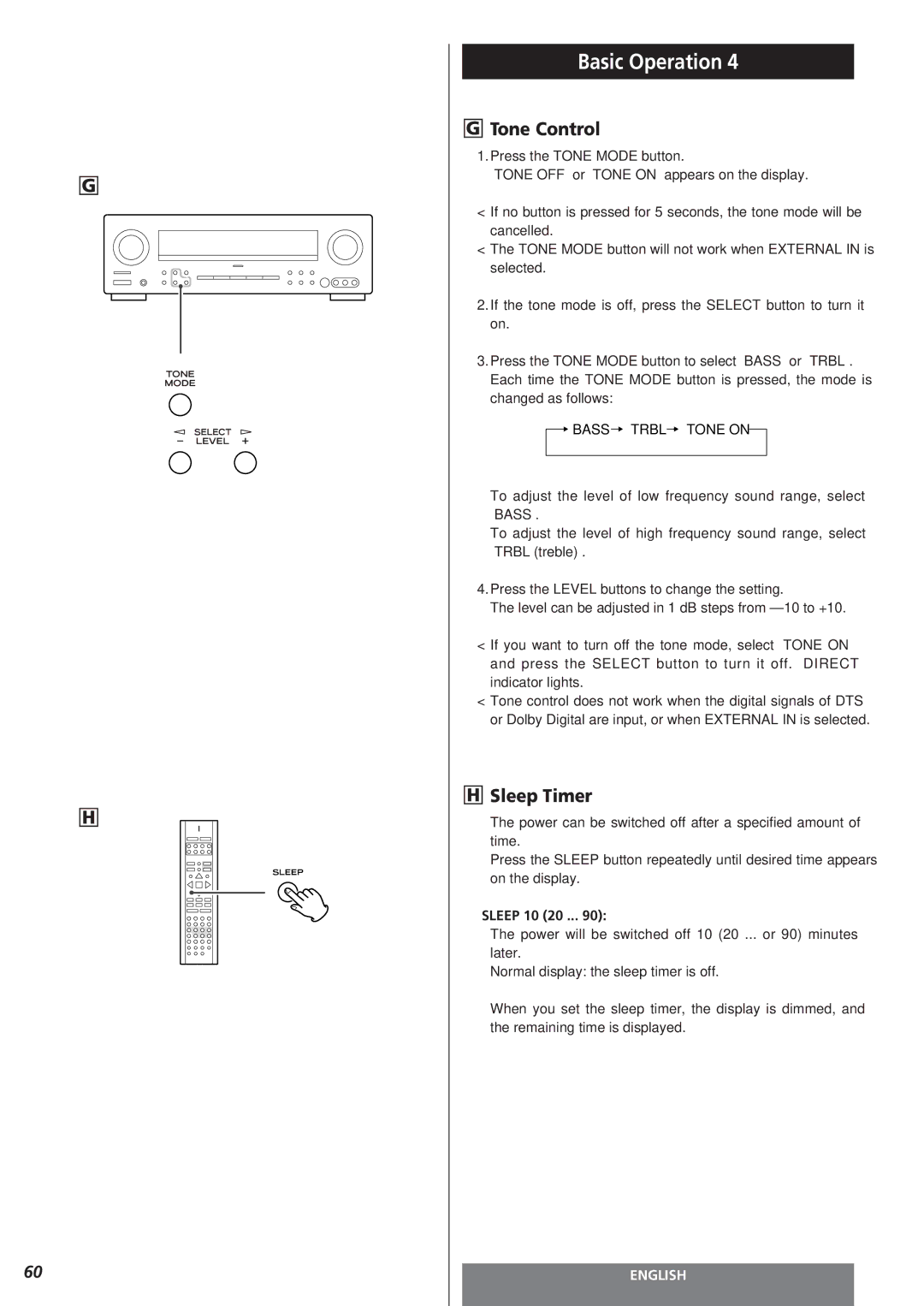 Teac AG-15D owner manual Tone Control, Sleep Timer, Sleep 10 20 