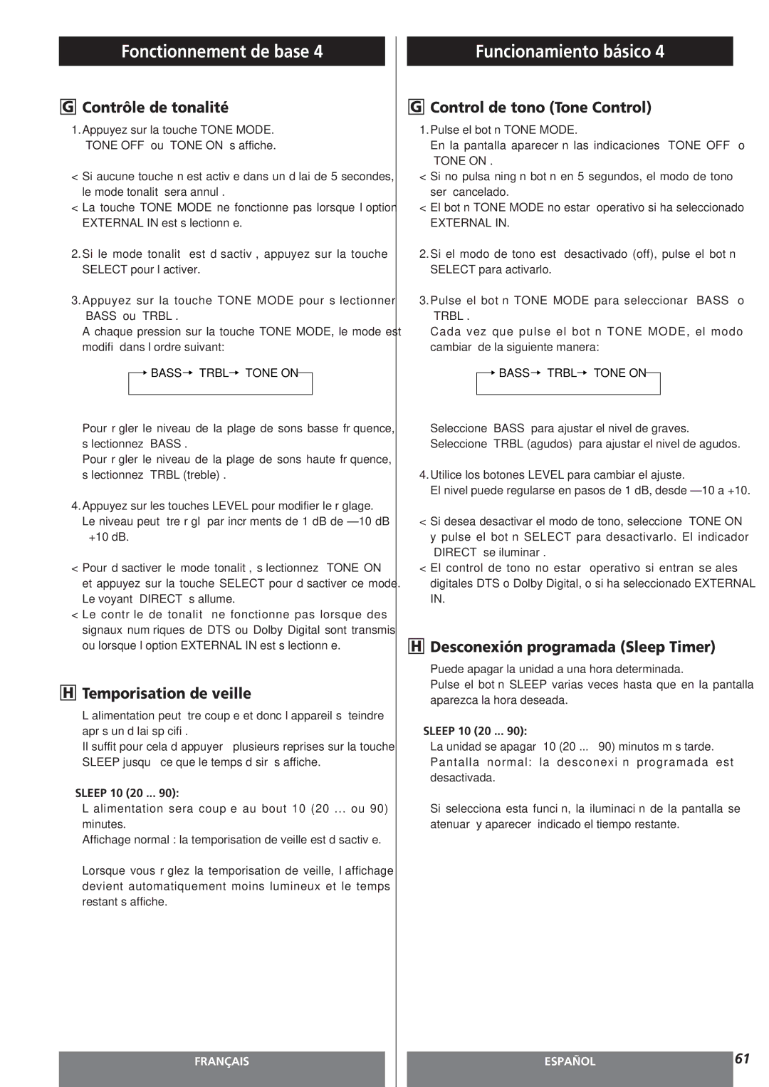 Teac AG-15D owner manual Contrôle de tonalité, Temporisation de veille, Control de tono Tone Control 