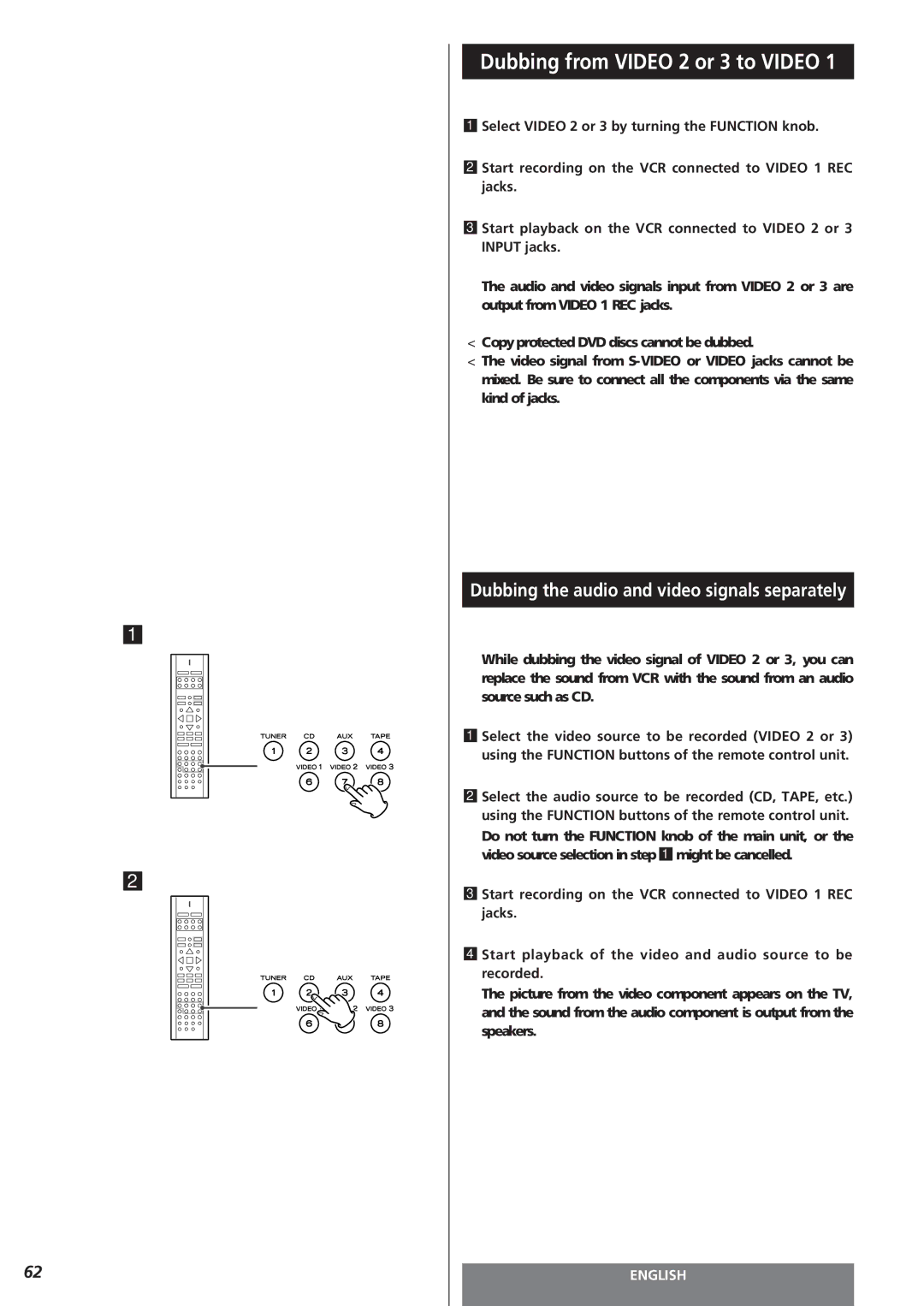 Teac AG-15D owner manual Dubbing from Video 2 or 3 to Video, Dubbing the audio and video signals separately 