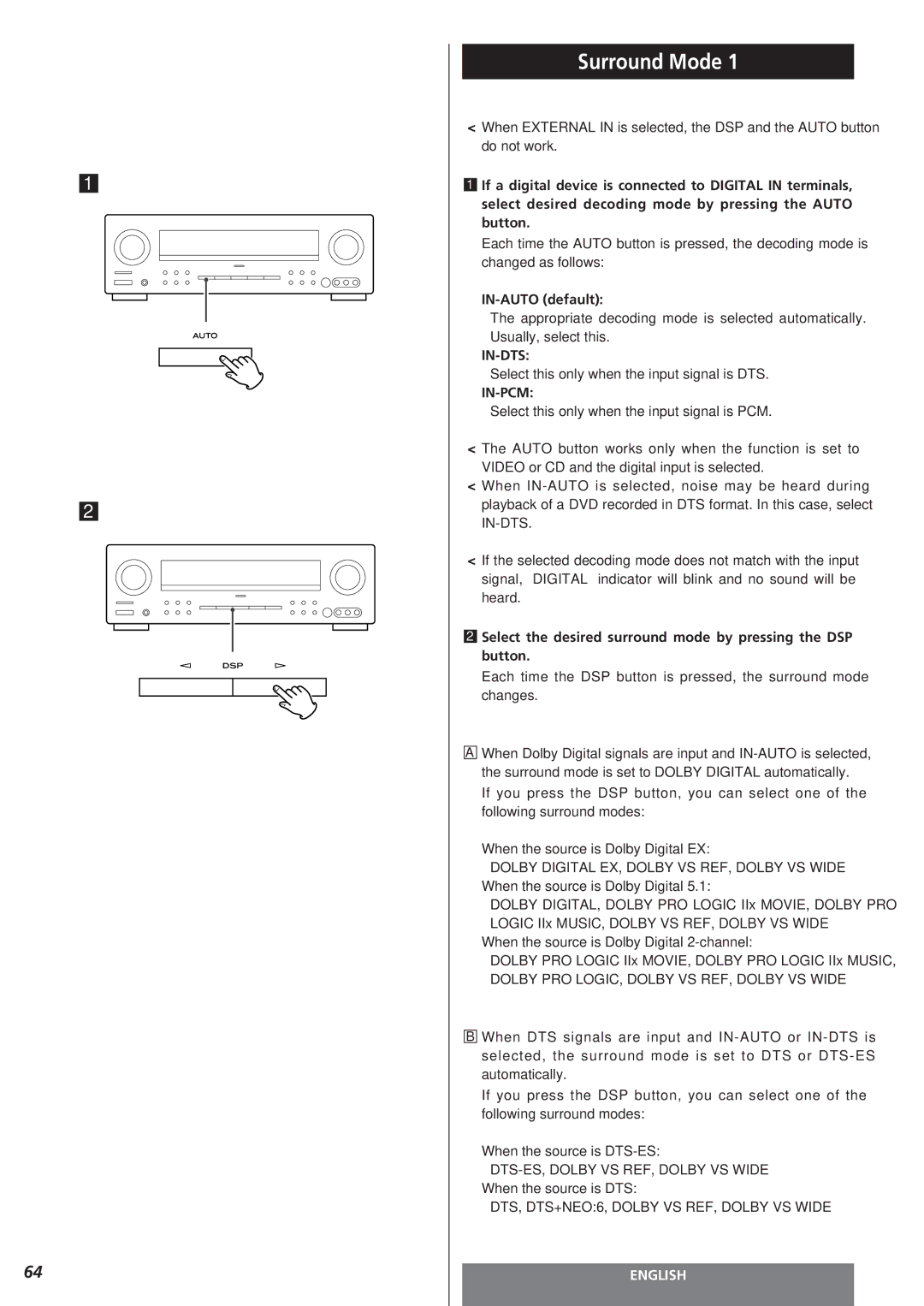 Teac AG-15D owner manual Surround Mode, IN-AUTO default, Select this only when the input signal is DTS 