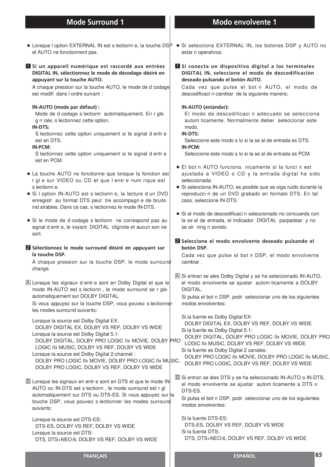 Teac AG-15D owner manual Mode Surround, Modo envolvente, IN-AUTO mode par défaut, IN-AUTO estándar 