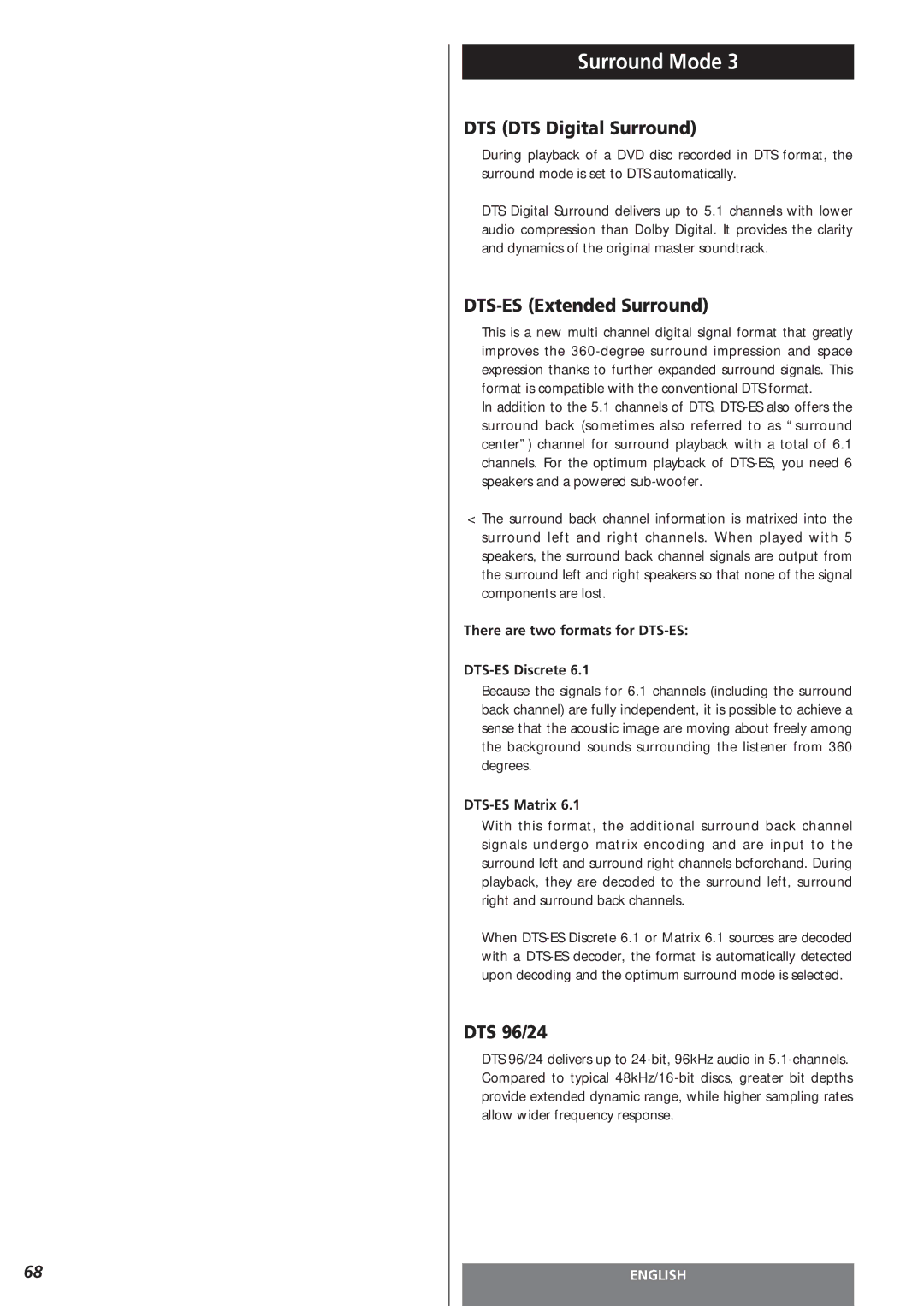 Teac AG-15D owner manual DTS DTS Digital Surround, DTS-ES Extended Surround, DTS 96/24, DTS-ES Matrix 