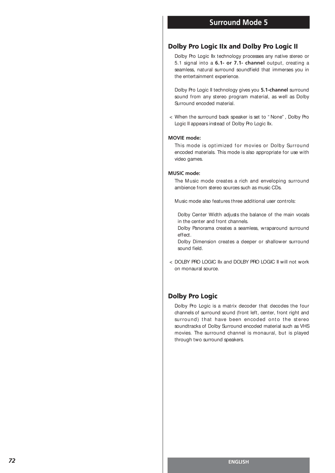 Teac AG-15D owner manual Dolby Pro Logic IIx and Dolby Pro Logic, Movie mode, Music mode 