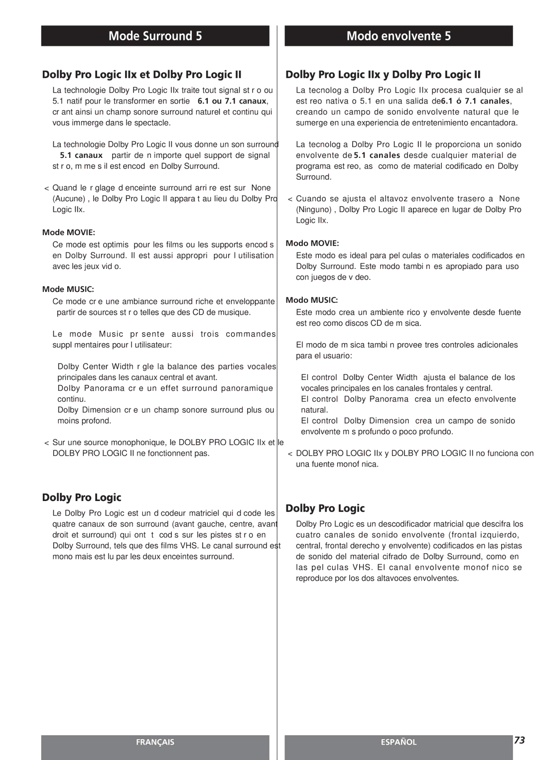 Teac AG-15D owner manual Dolby Pro Logic IIx et Dolby Pro Logic, Dolby Pro Logic IIx y Dolby Pro Logic 