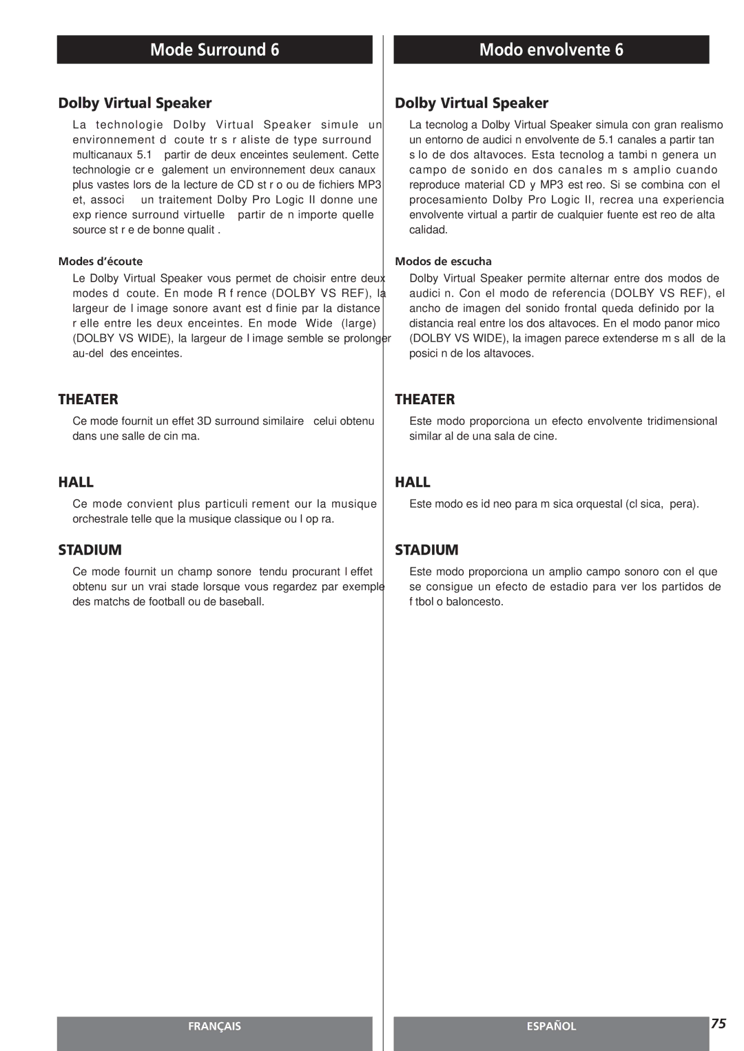 Teac AG-15D owner manual Modes d’écoute, Modos de escucha, Este modo es idóneo para música orquestal clásica, ópera 