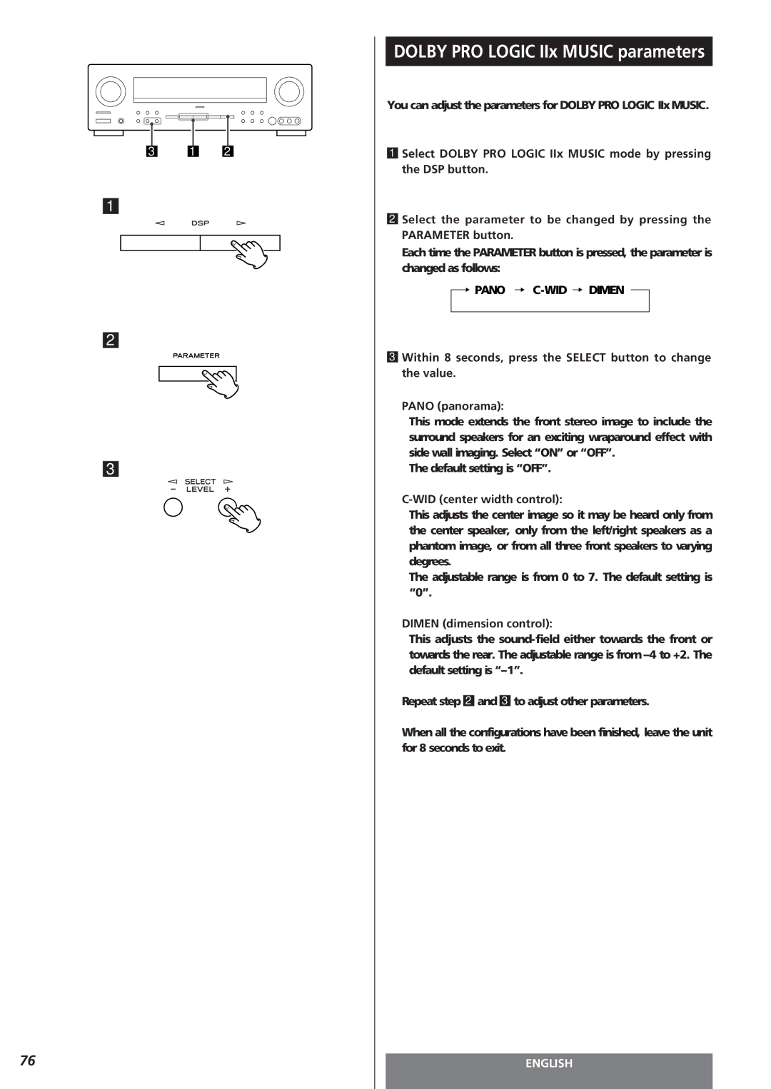 Teac AG-15D owner manual Dolby PRO Logic IIx Music parameters, You can adjust the parameters for Dolby PRO Logic IIx Music 