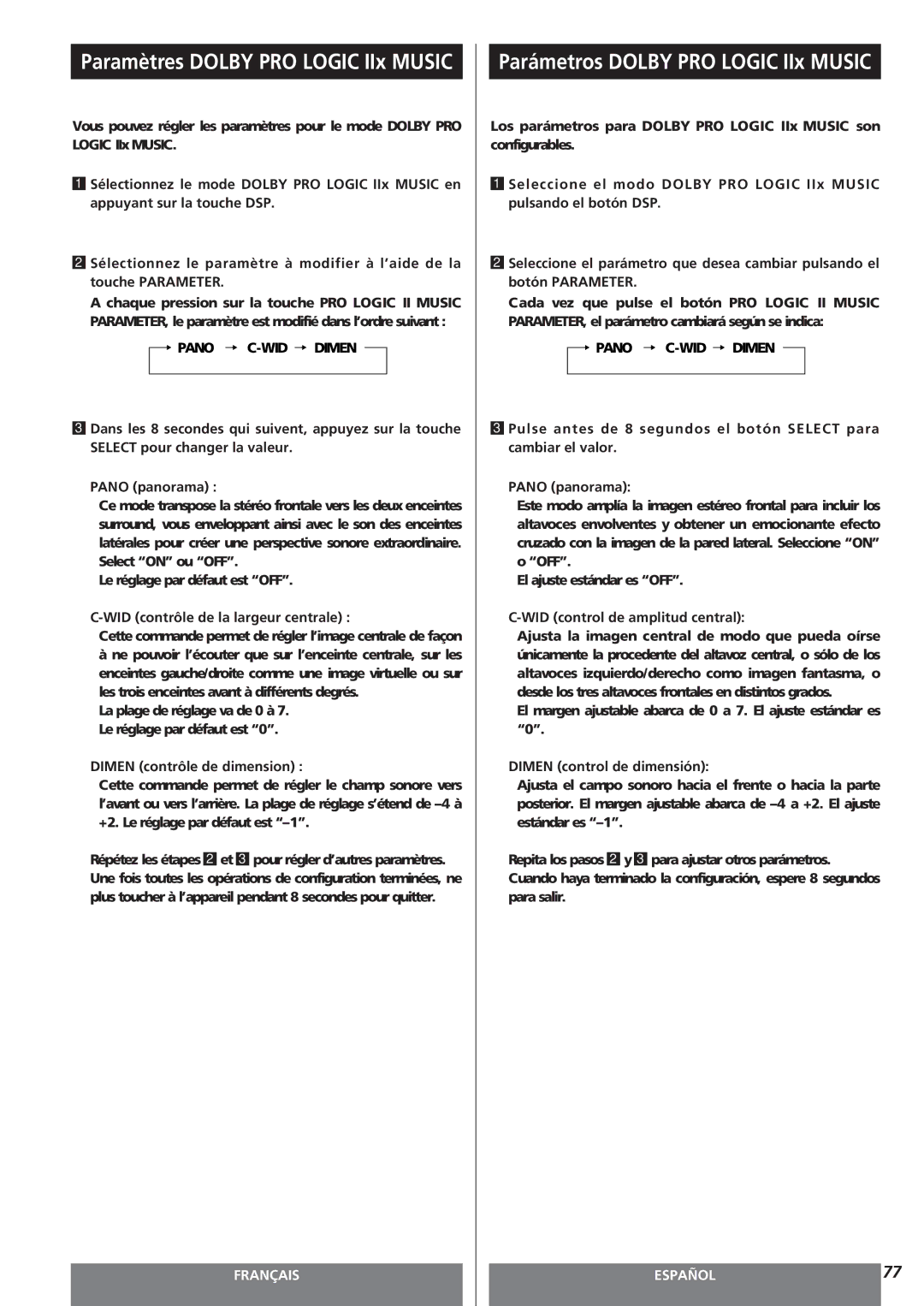 Teac AG-15D owner manual WID contrôle de la largeur centrale, Dimen contrôle de dimension, WID control de amplitud central 